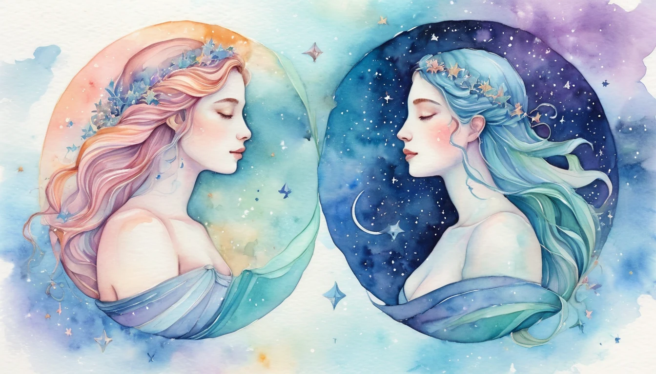 Aquarius and Pisces compatibility watercolor illustration