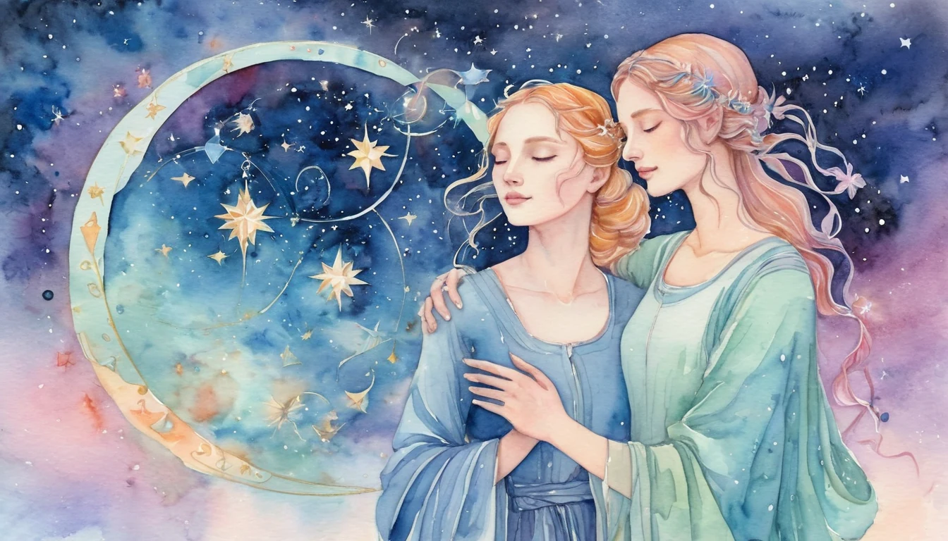 Virgo and Scorpio compatibility watercolor illustration