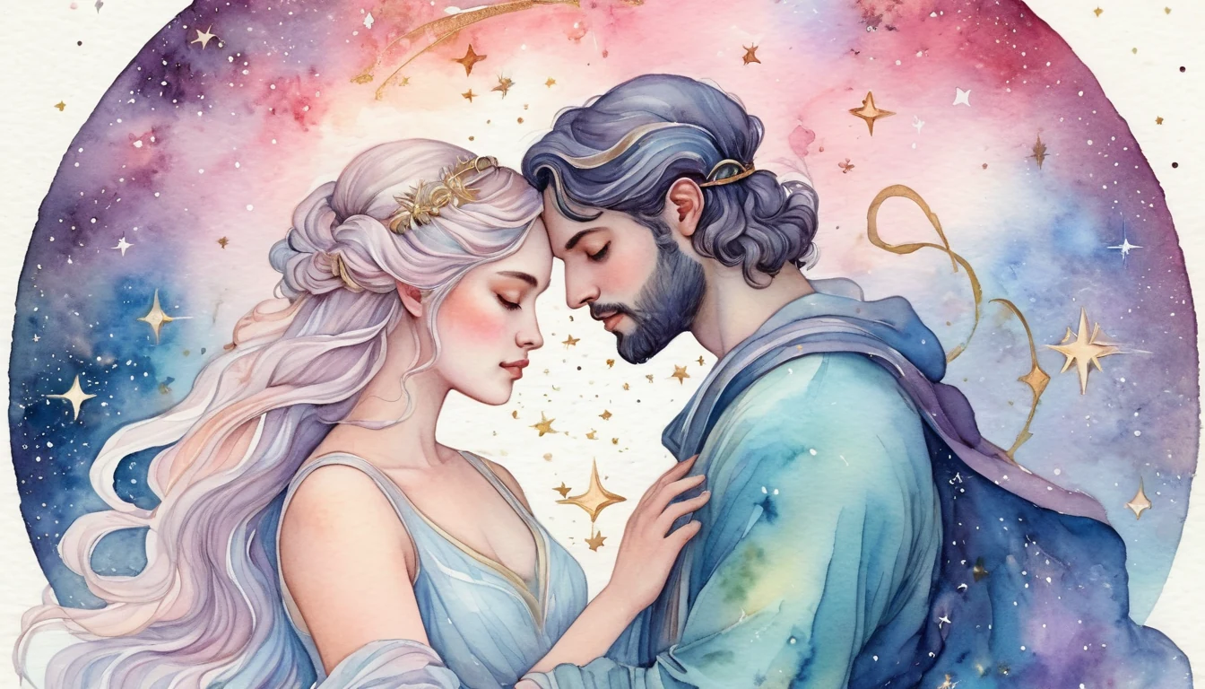 Aries and Sagittarius compatibility watercolor illustration