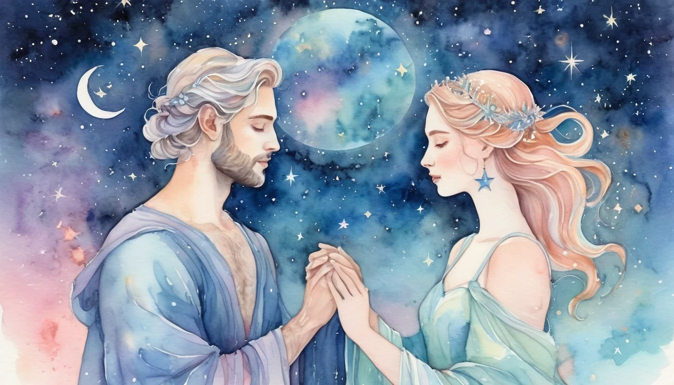 Libra and Capricorn compatibility watercolor illustration