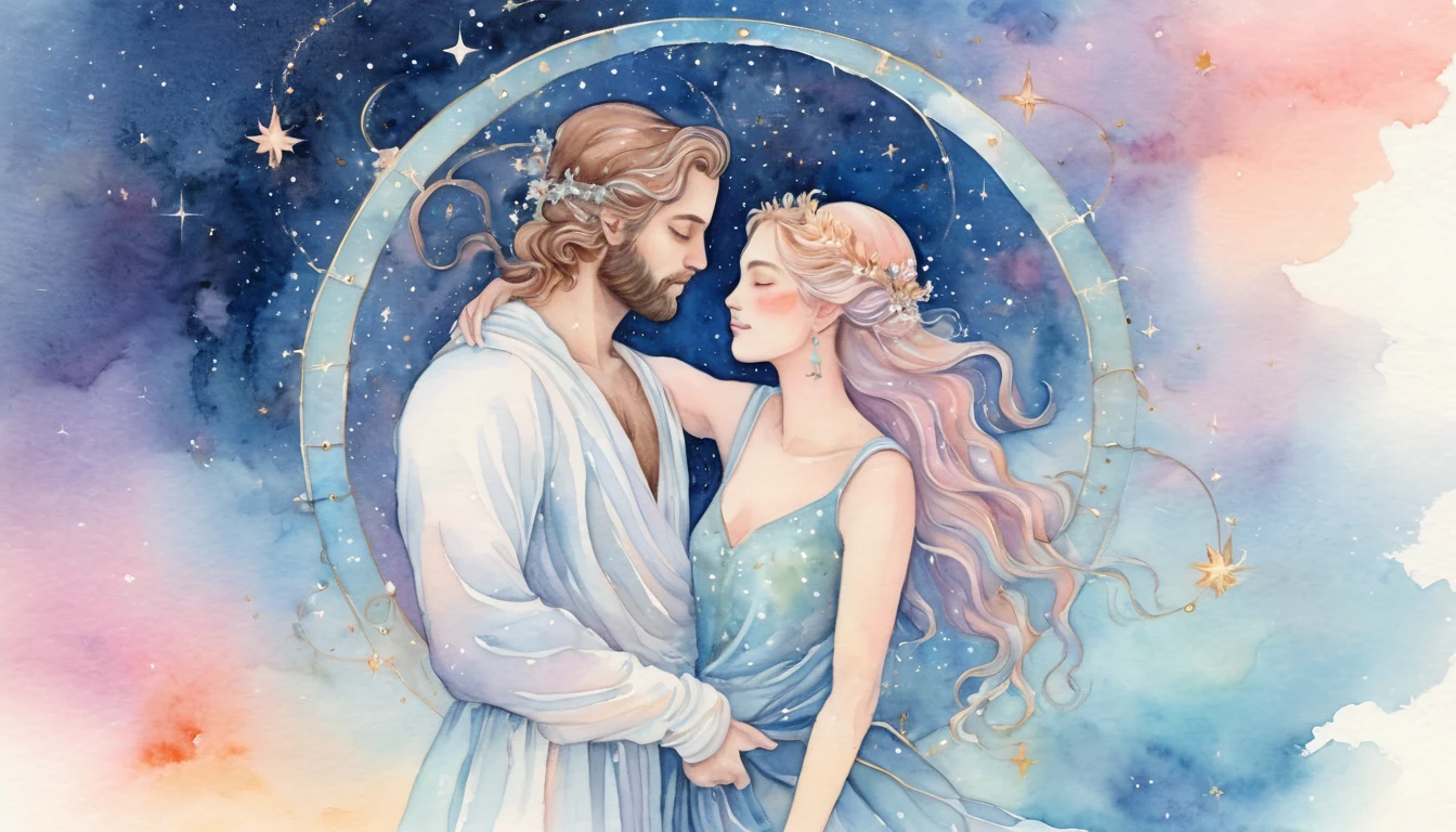 Aries and Scorpio compatibility watercolor illustration