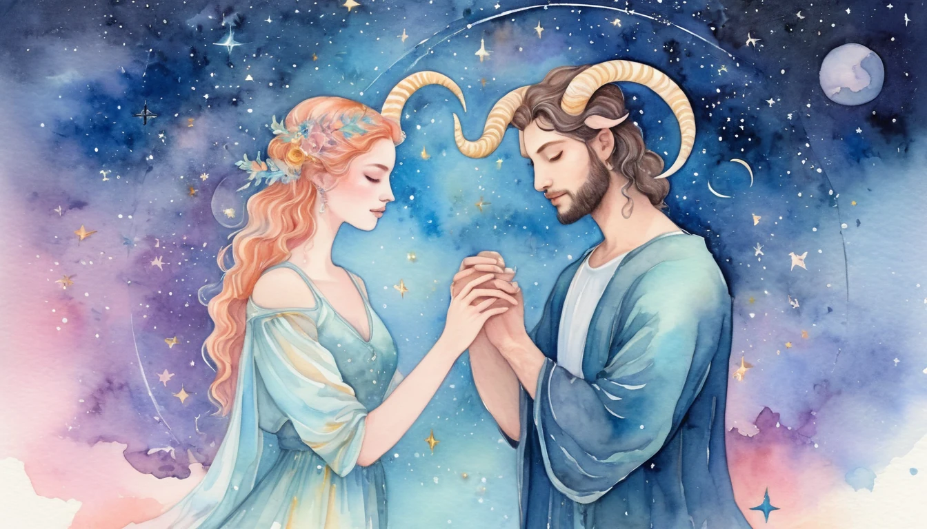 Aries and Capricorn compatibility watercolor illustration
