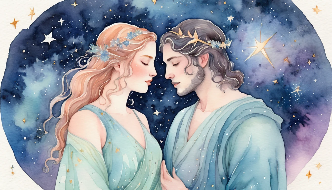 Taurus and Gemini compatibility watercolor illustration