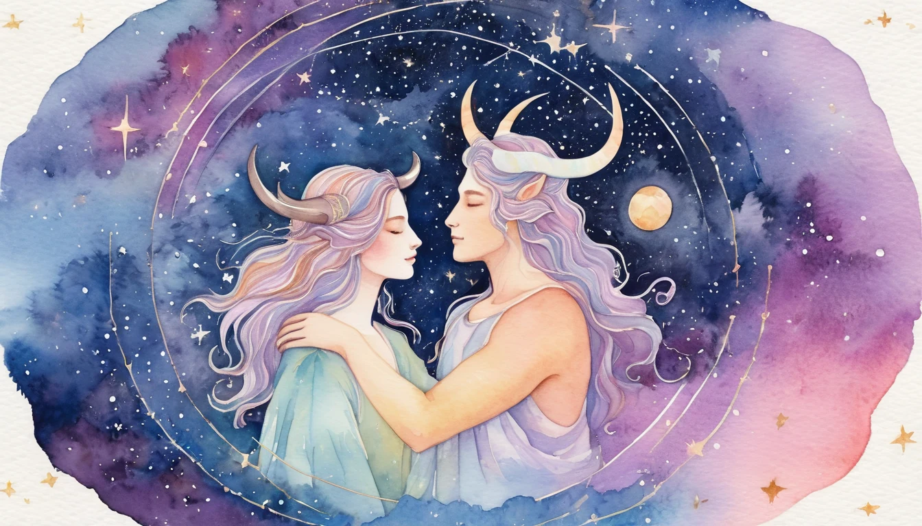 Taurus and Leo compatibility watercolor illustration
