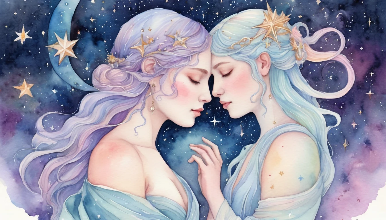 Cancer and Capricorn compatibility watercolor illustration