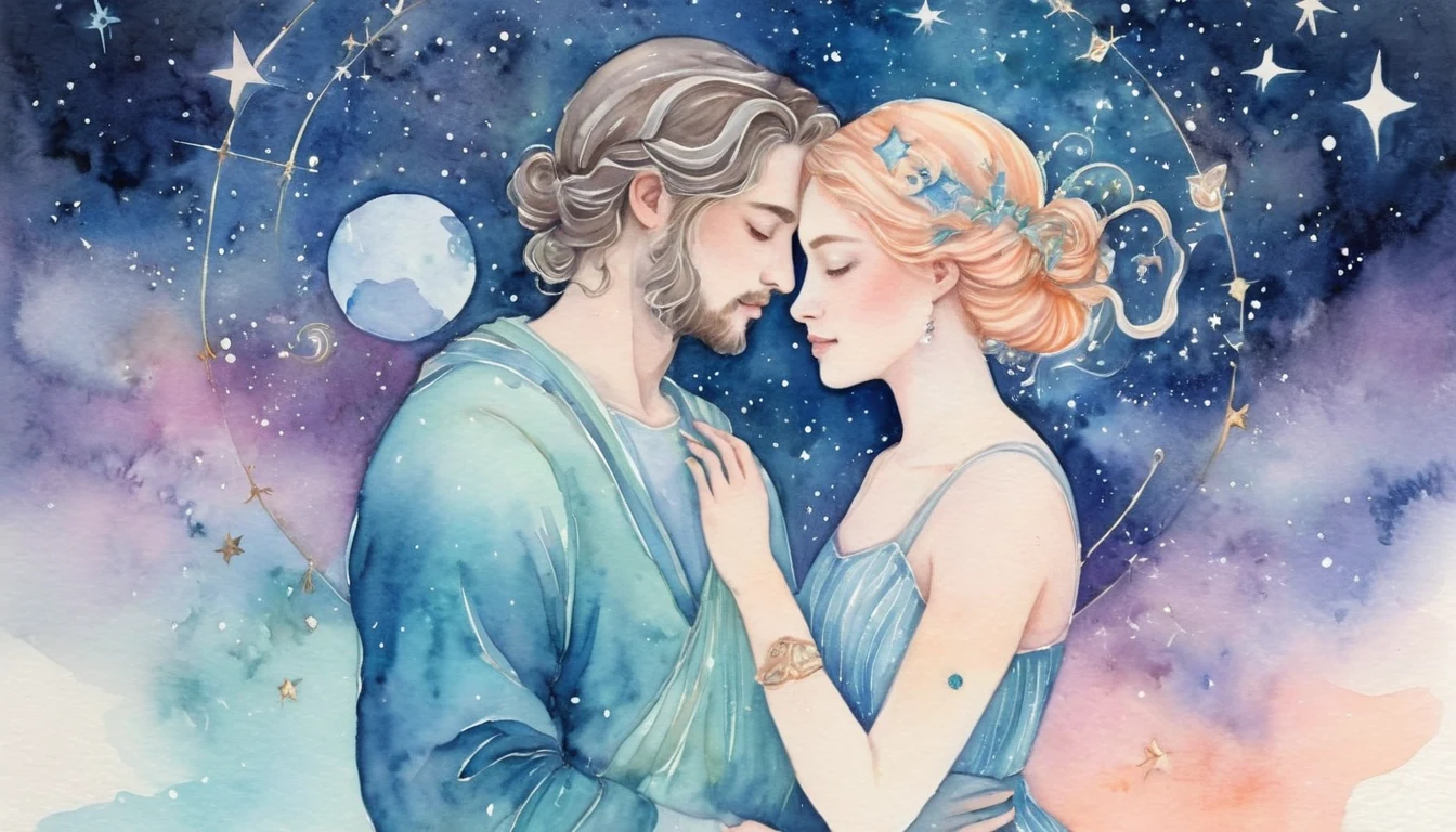 Gemini and Aquarius compatibility watercolor illustration