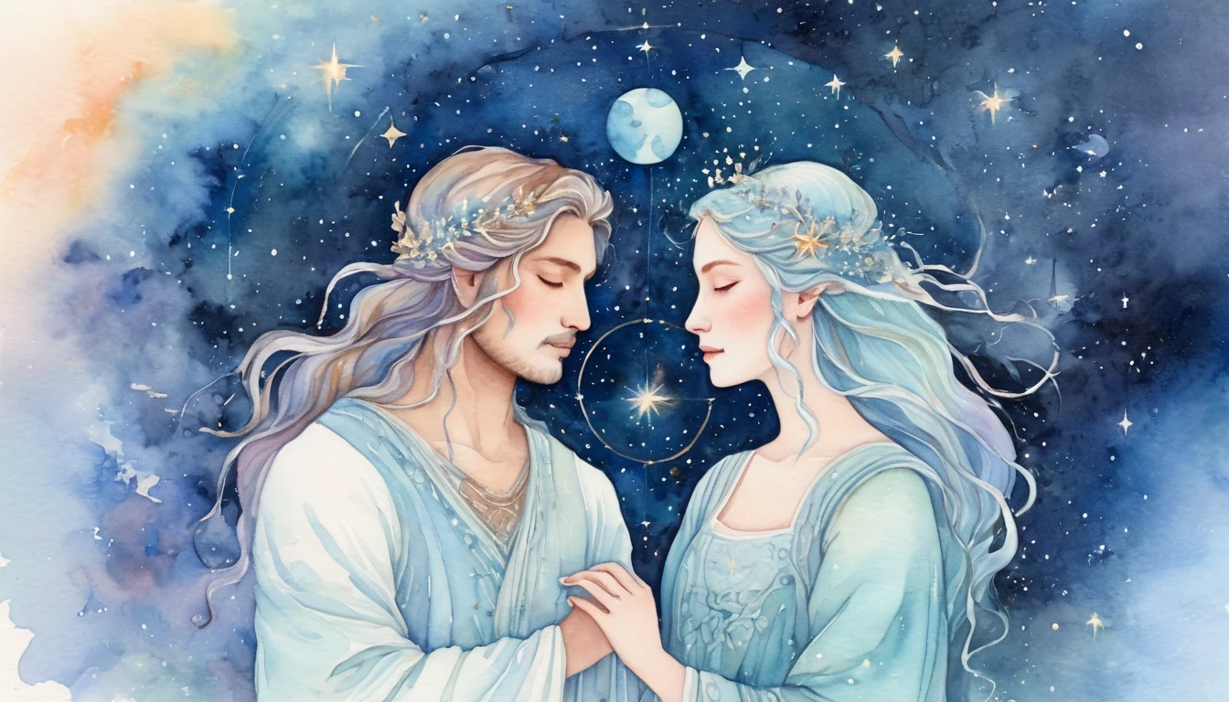 Leo and Pisces compatibility watercolor illustration