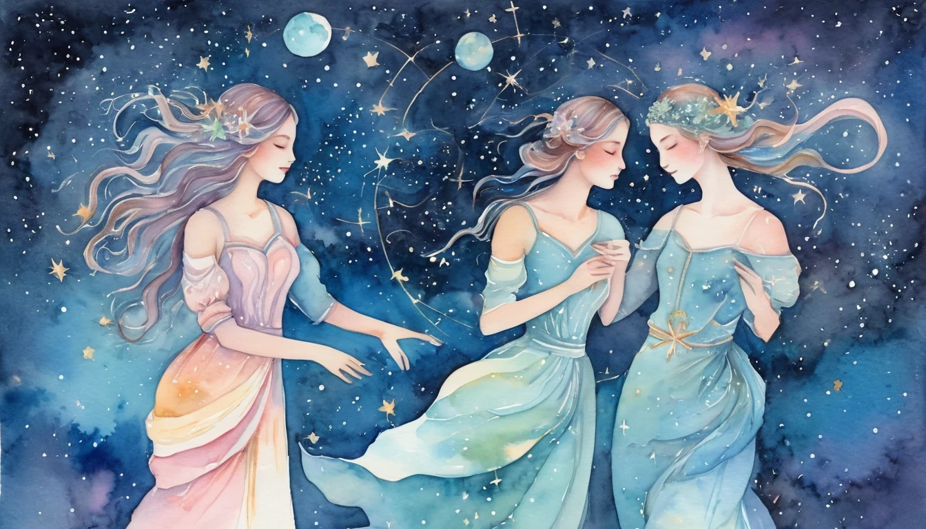 Gemini and Pisces compatibility watercolor illustration