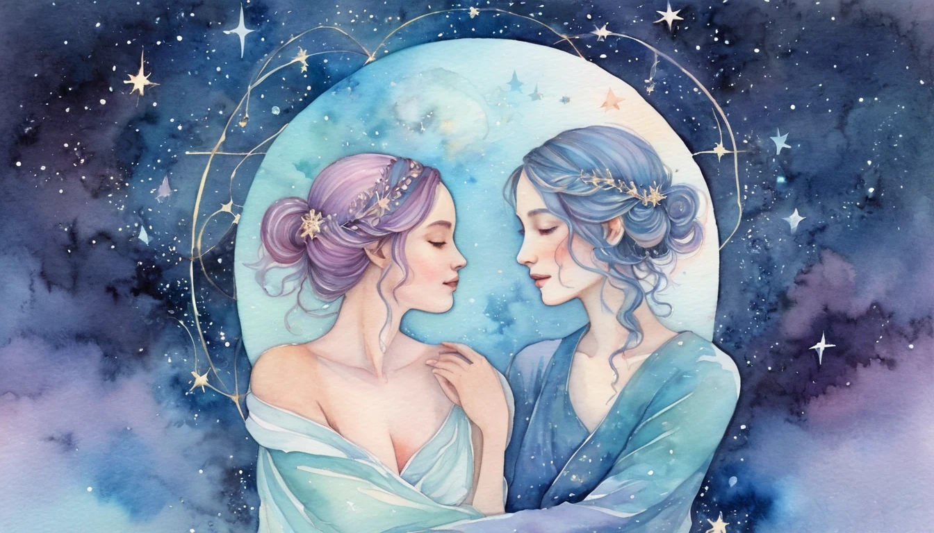 Cancer and Aquarius compatibility watercolor illustration