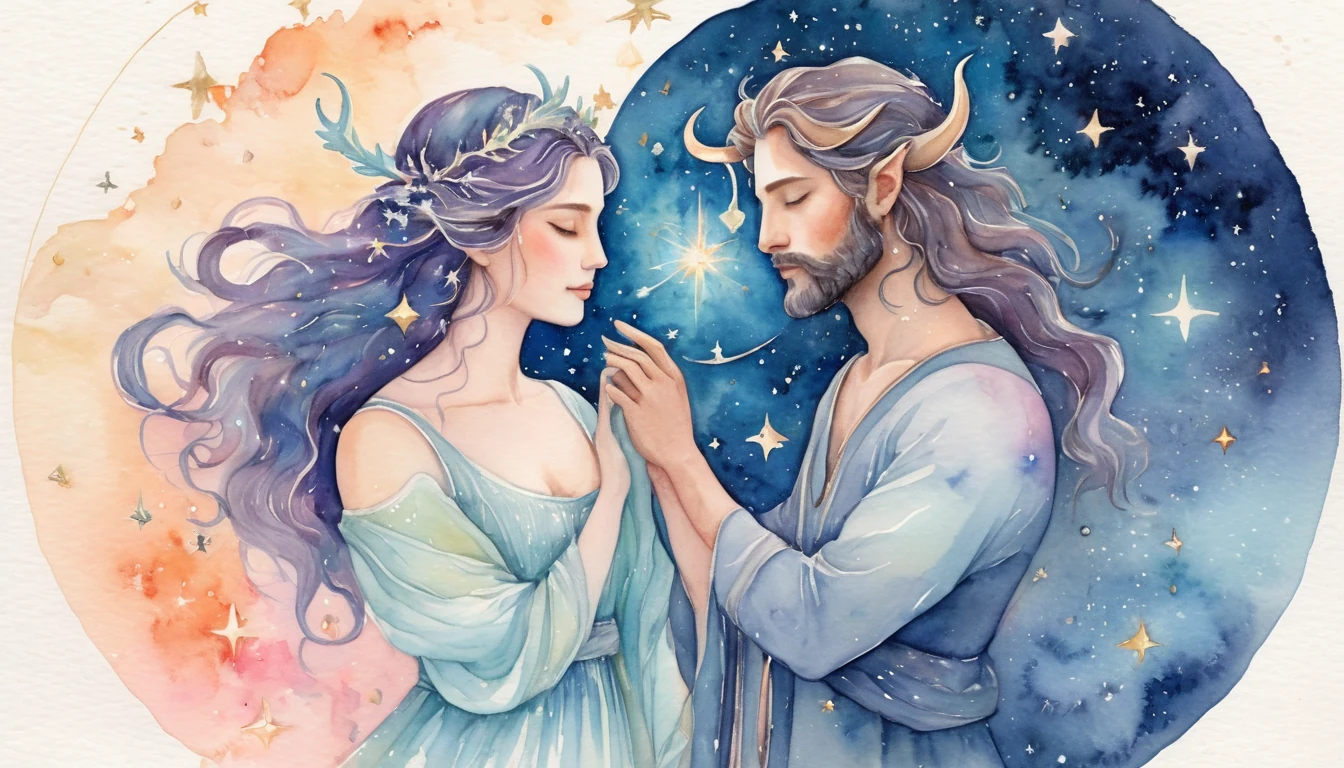 Capricorn and Pisces compatibility watercolor illustration