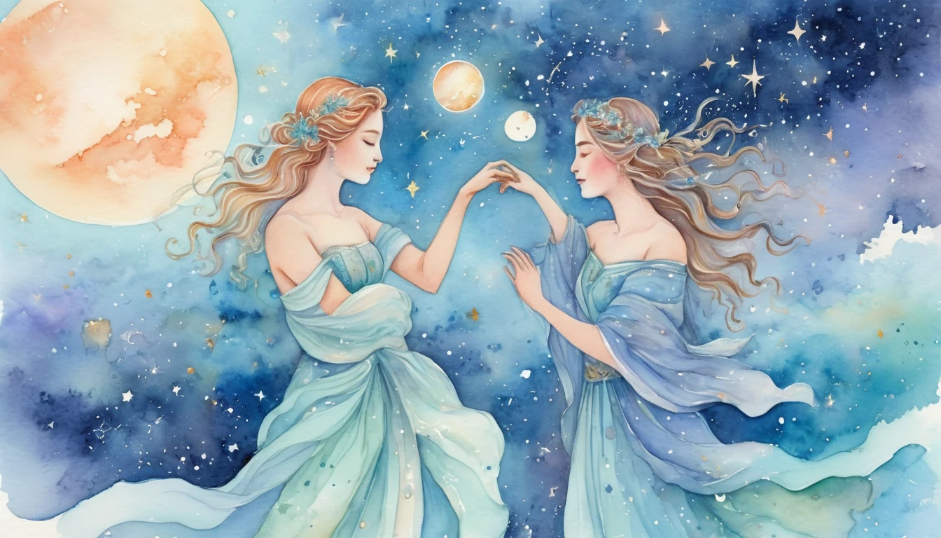 Leo and Aquarius compatibility watercolor illustration