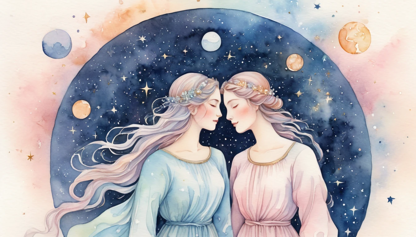 Gemini and Virgo compatibility watercolor illustration