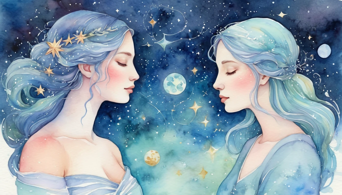 Virgo and Pisces compatibility watercolor illustration