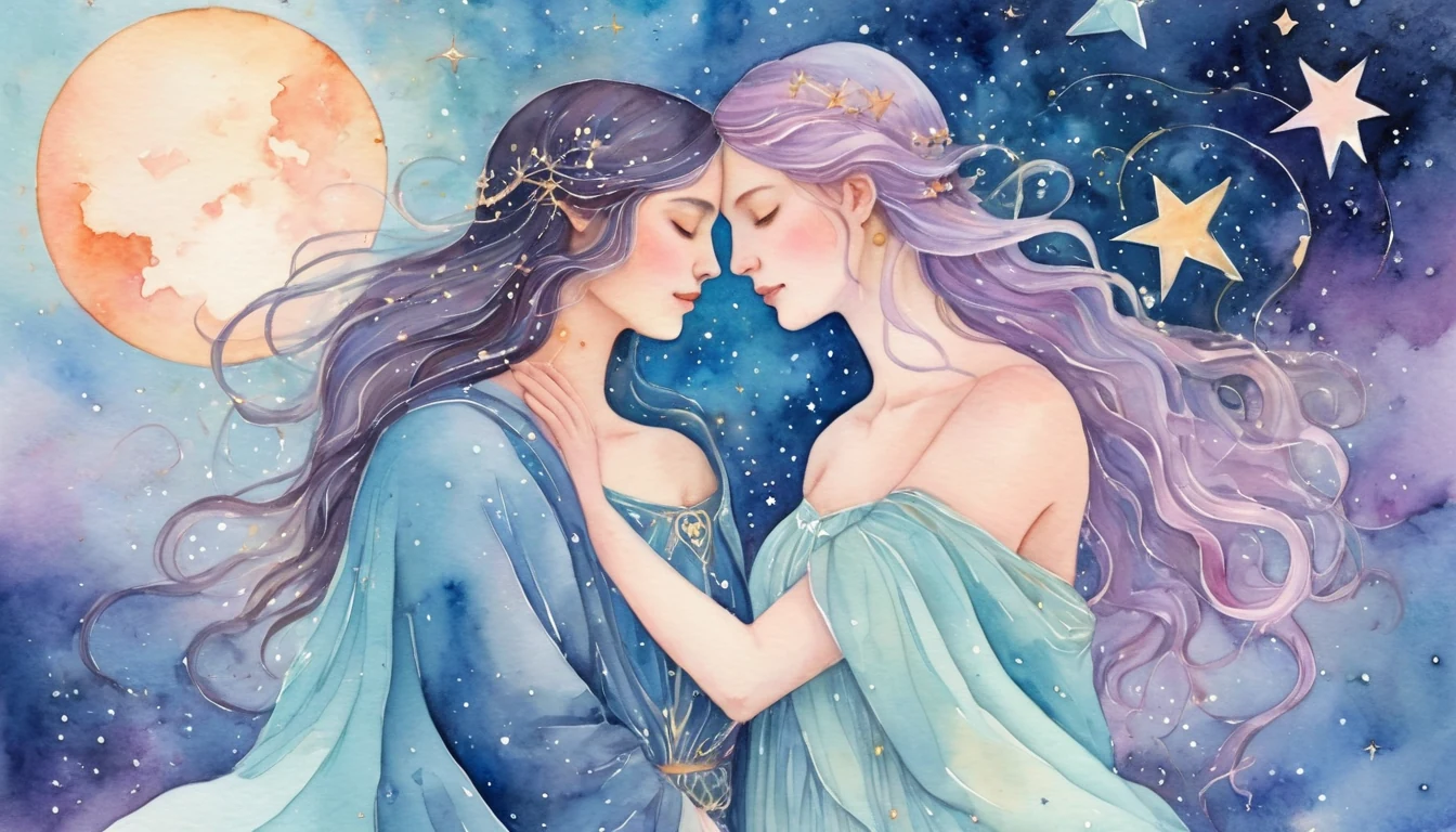 Cancer and Virgo compatibility watercolor illustration