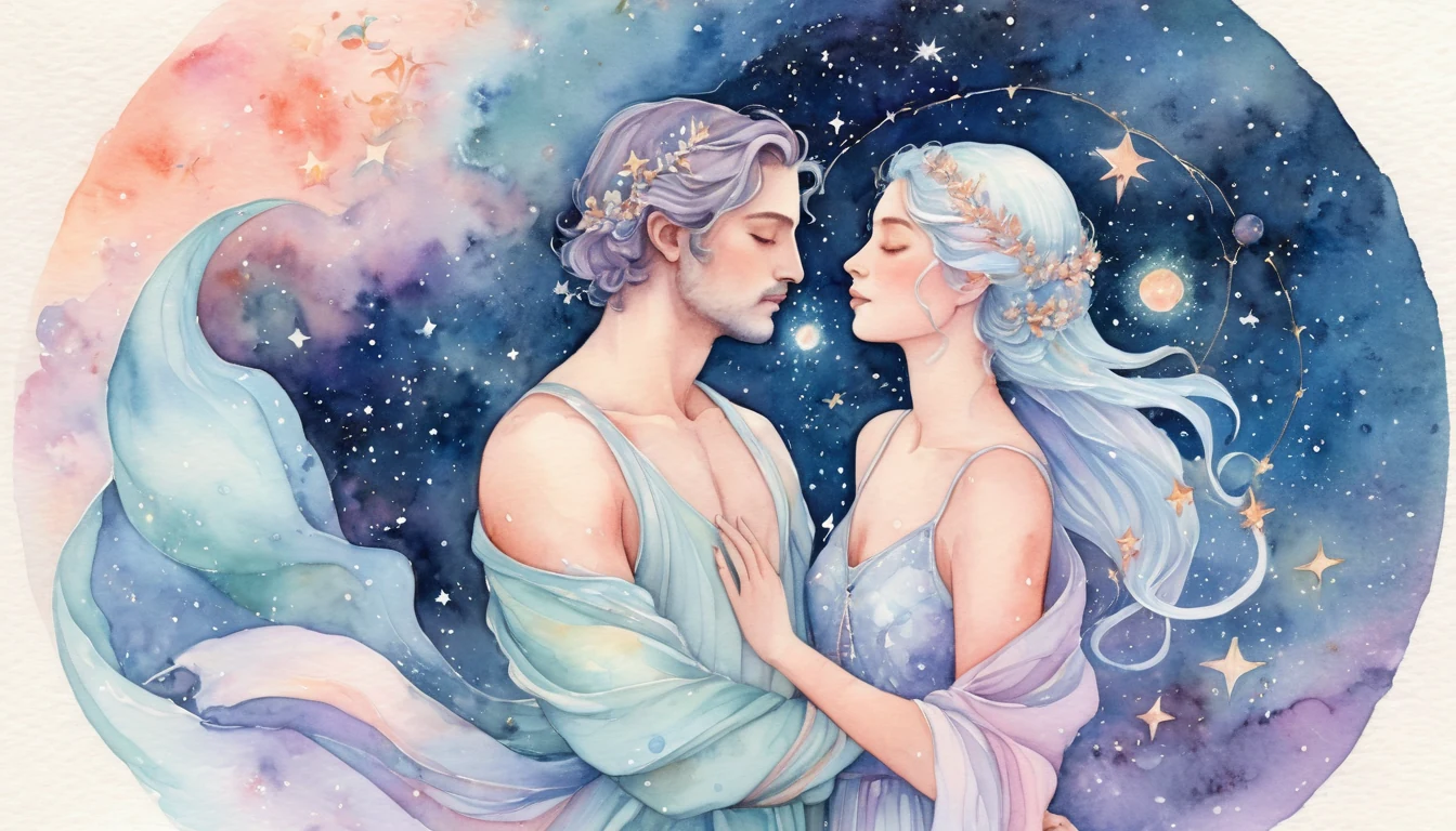 Cancer and Pisces compatibility watercolor illustration