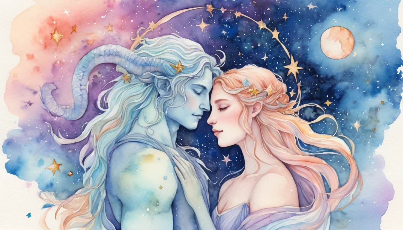 Leo and Capricorn compatibility watercolor illustration