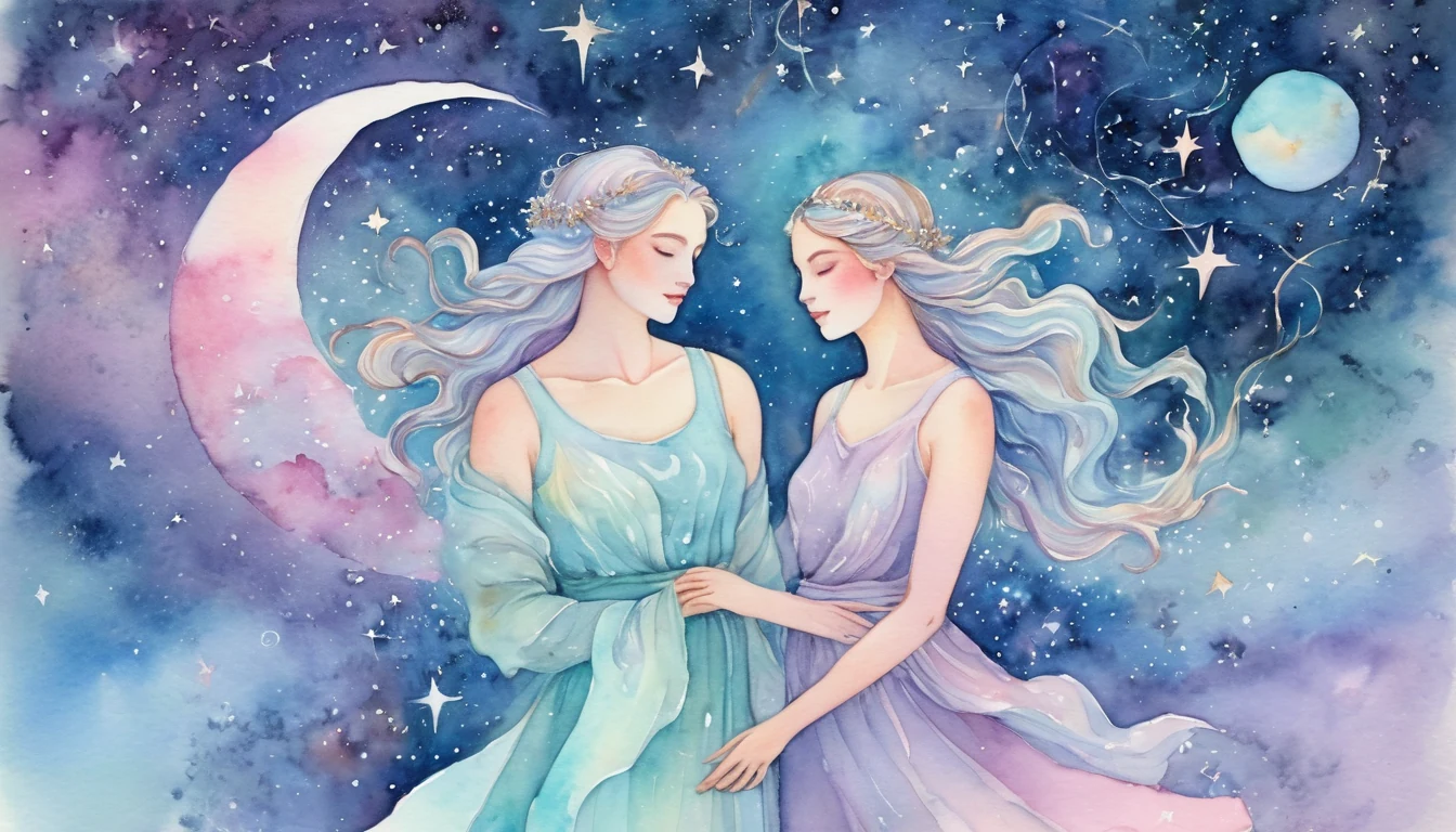 Aries and Pisces compatibility watercolor illustration