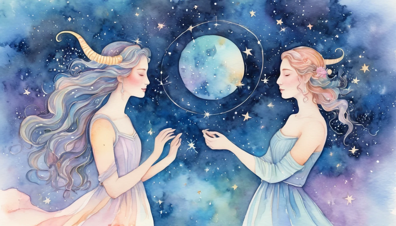 Gemini and Capricorn compatibility watercolor illustration