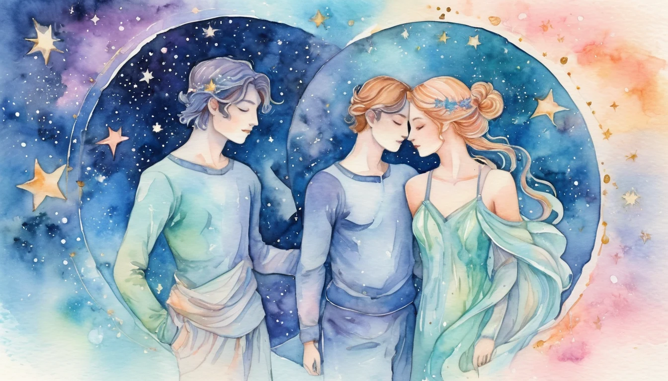 Gemini and Scorpio compatibility watercolor illustration