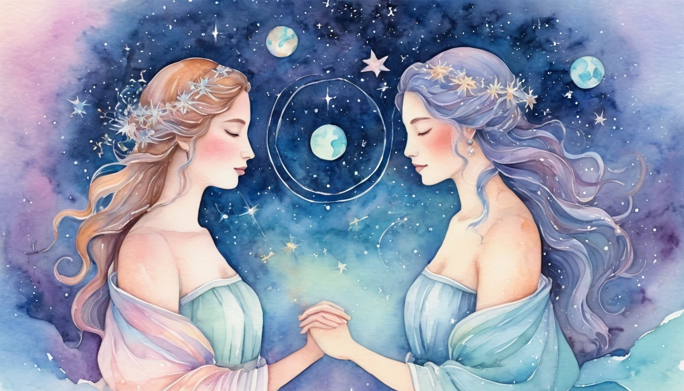 Gemini and Libra compatibility watercolor illustration