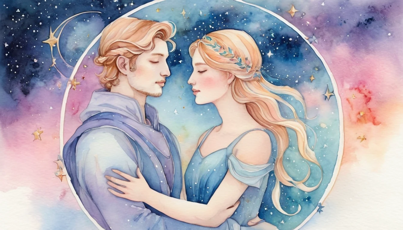 Gemini and Sagittarius compatibility watercolor illustration