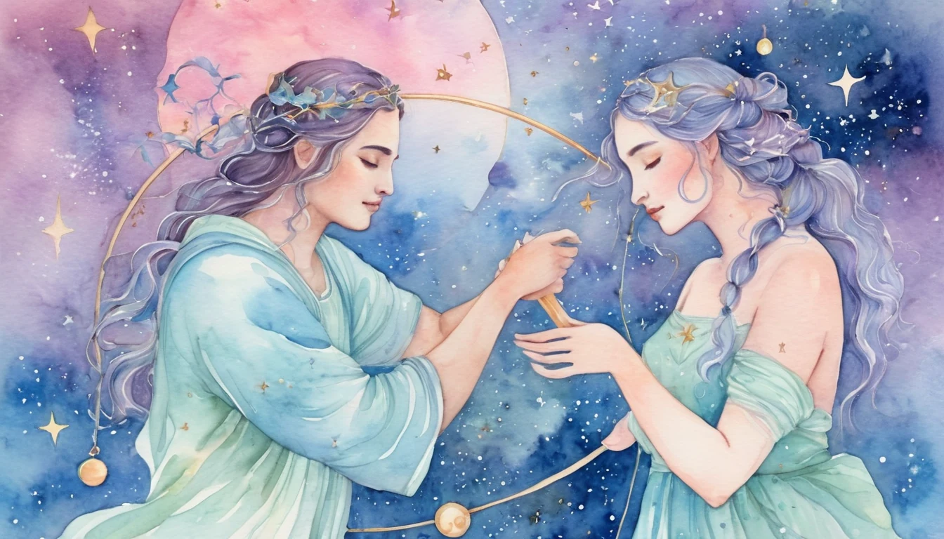 Sagittarius and Pisces compatibility watercolor illustration