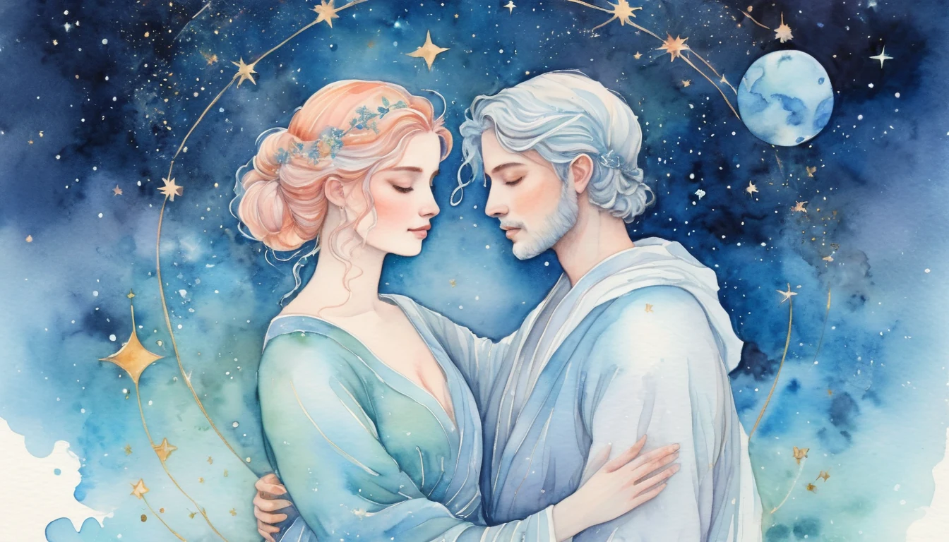 Gemini and Cancer compatibility watercolor illustration