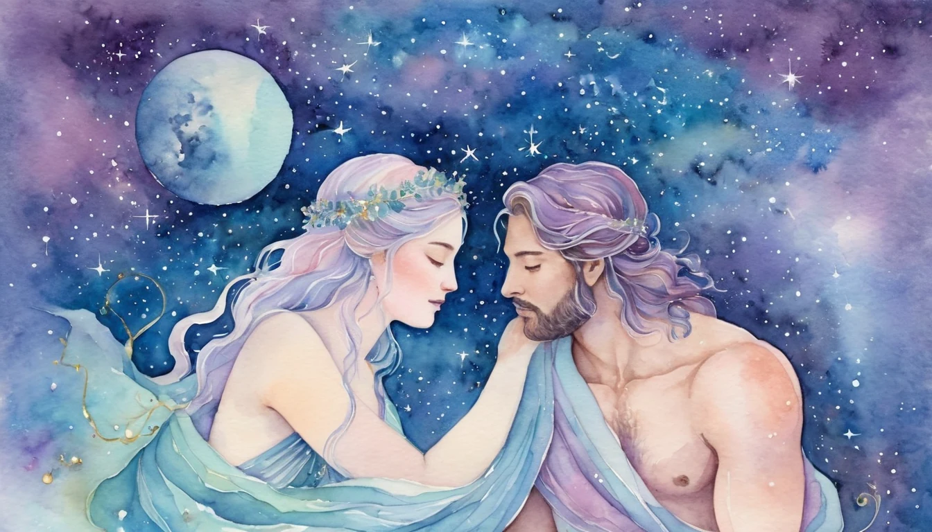 Scorpio and Aquarius compatibility watercolor illustration