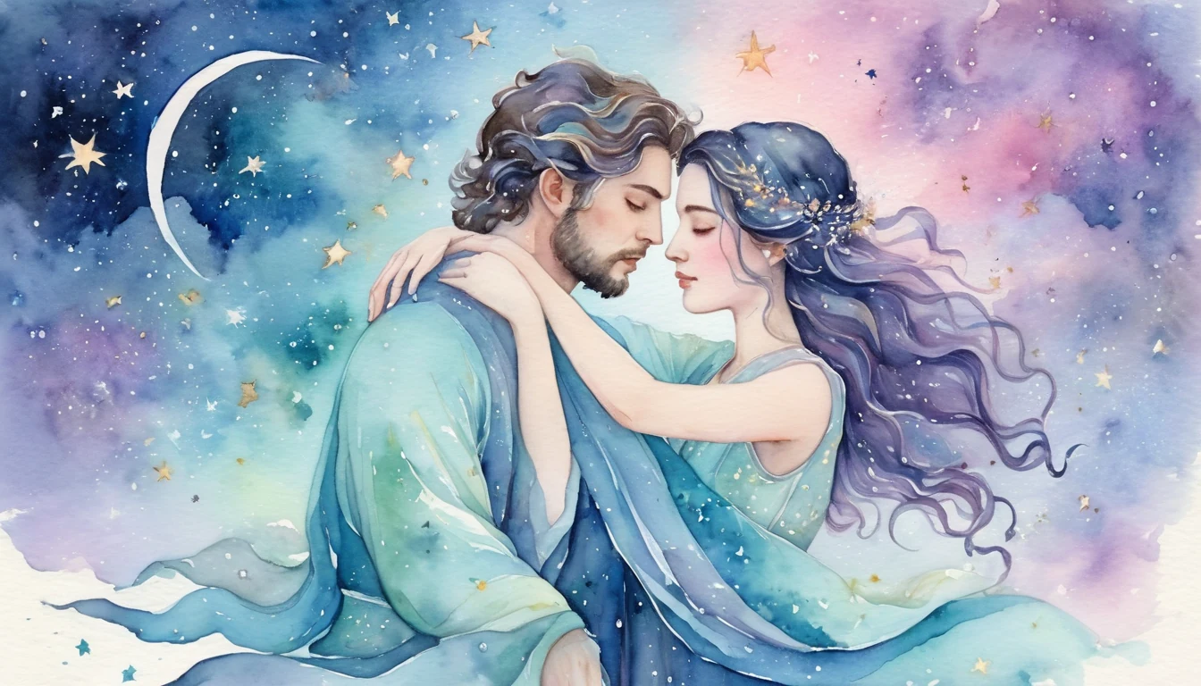 Taurus and Aquarius compatibility watercolor illustration