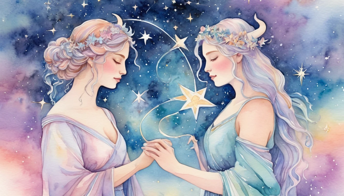 Taurus and Sagittarius compatibility watercolor illustration