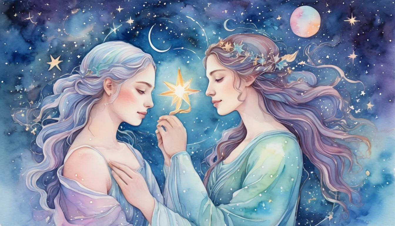 Virgo and Aquarius compatibility watercolor illustration