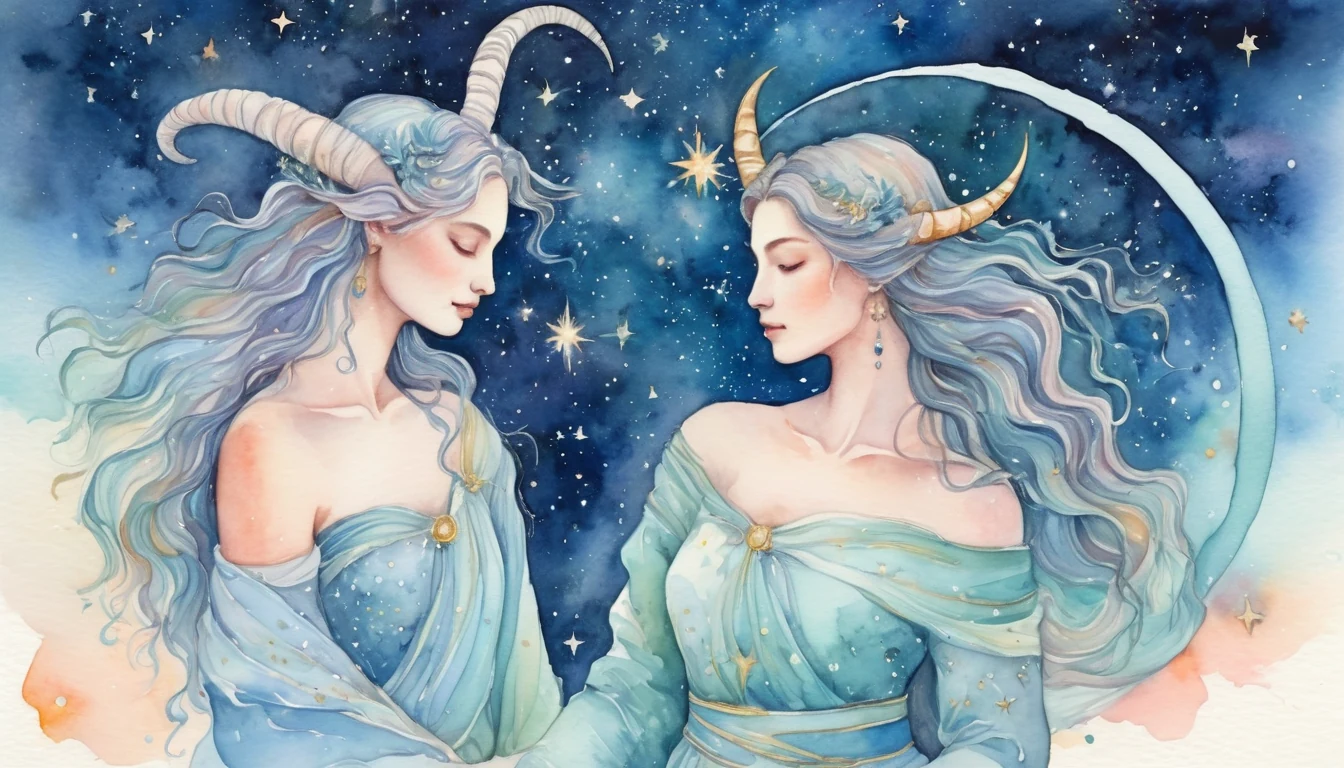 Capricorn and Aquarius compatibility watercolor illustration