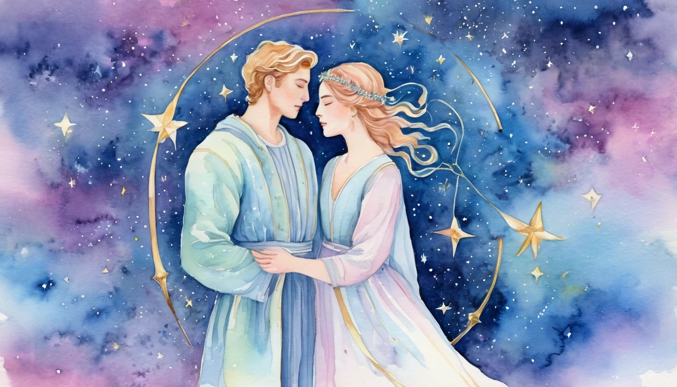 Libra and Sagittarius compatibility watercolor illustration