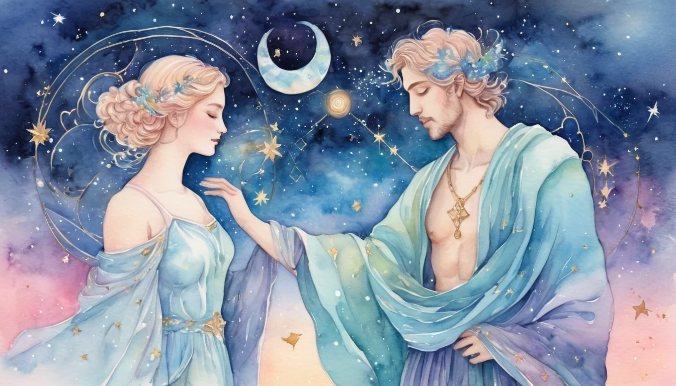 Libra and Pisces compatibility watercolor illustration