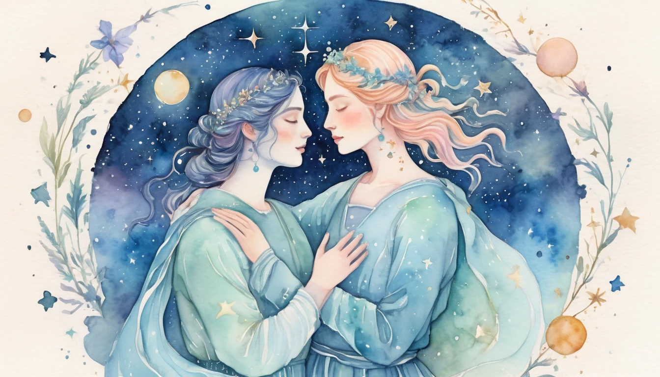 Libra and Aquarius compatibility watercolor illustration
