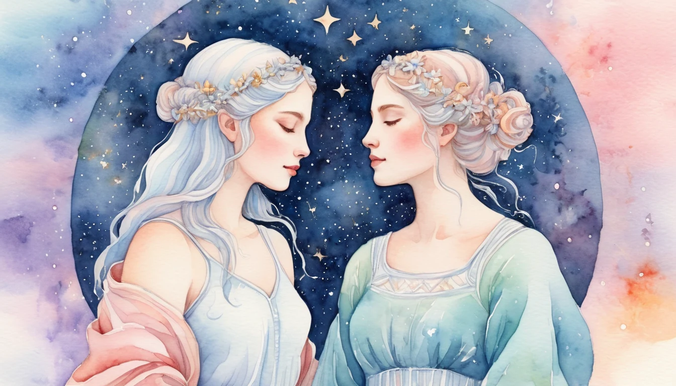 Aries and Gemini compatibility watercolor illustration