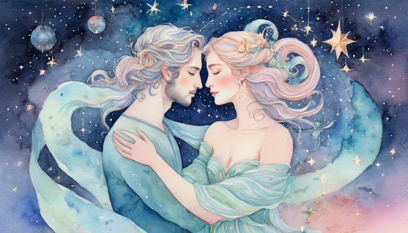Aries and Aquarius compatibility watercolor illustration