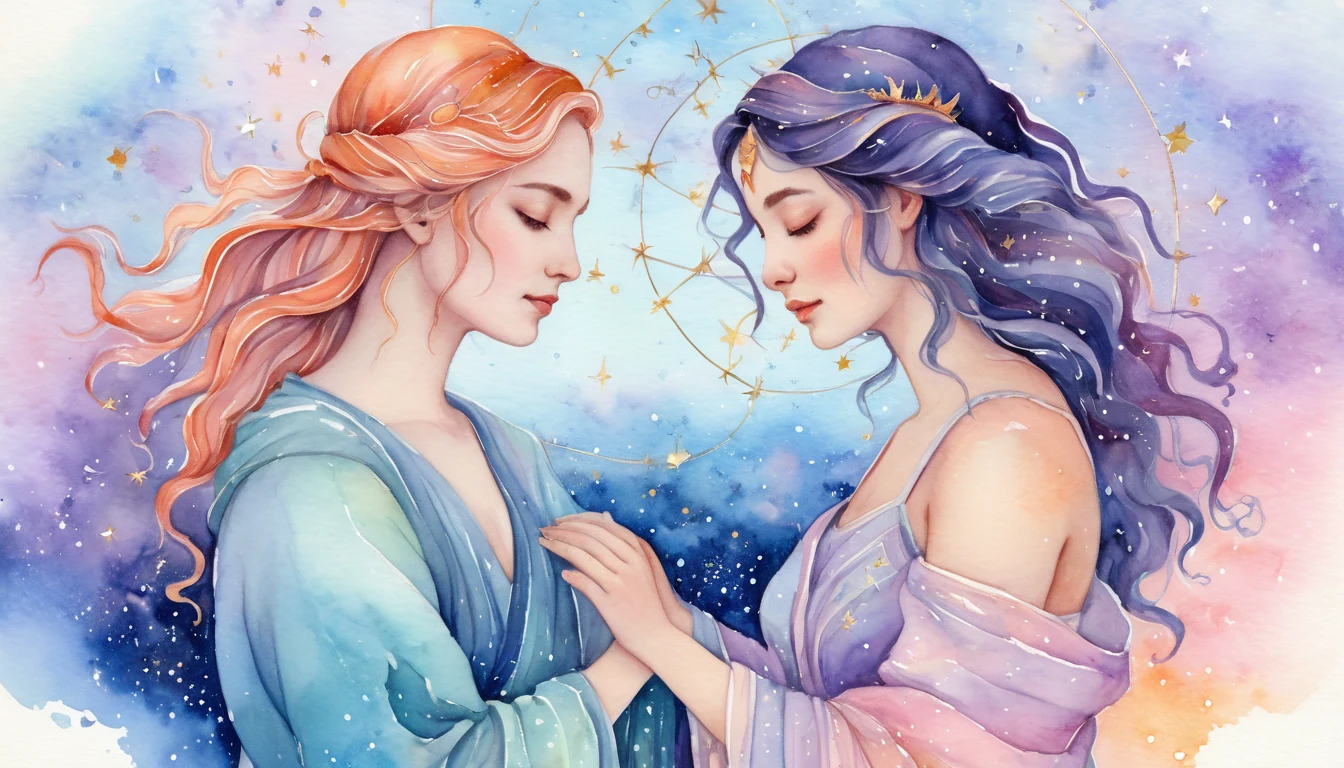 Scorpio and Pisces compatibility watercolor illustration