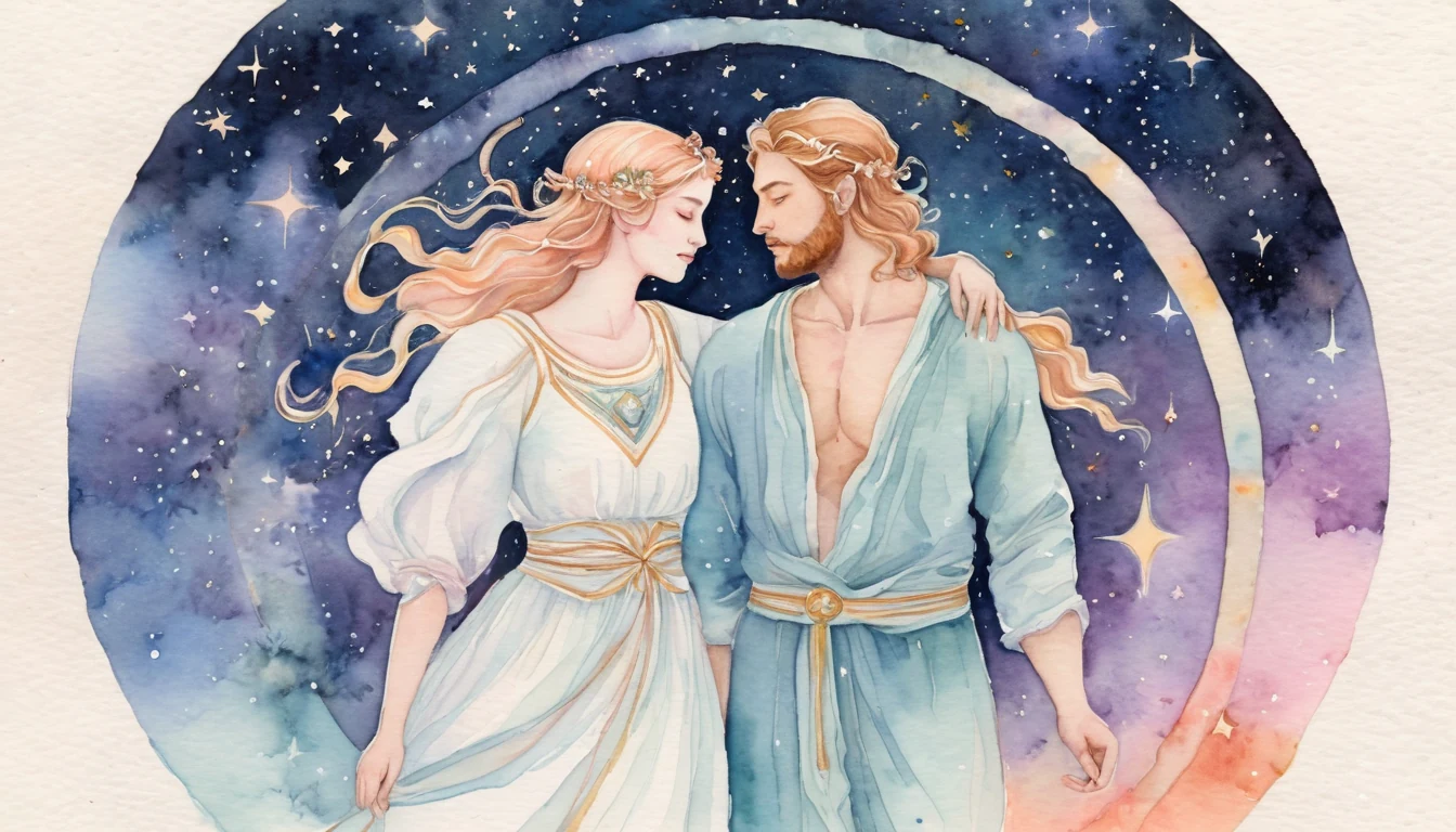 Leo and Sagittarius compatibility watercolor illustration