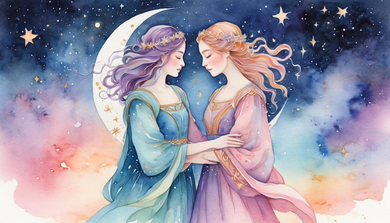 Leo and Libra compatibility watercolor illustration