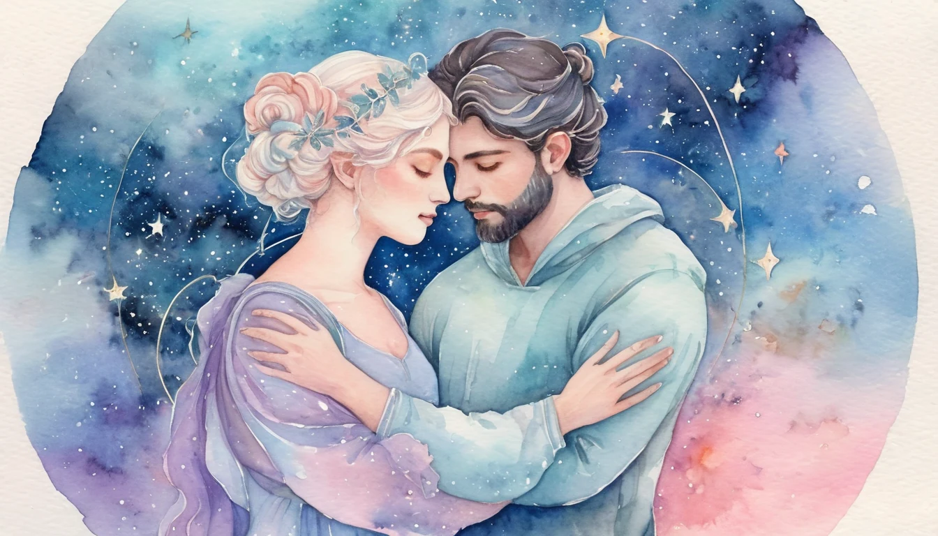Aries and Cancer compatibility watercolor illustration