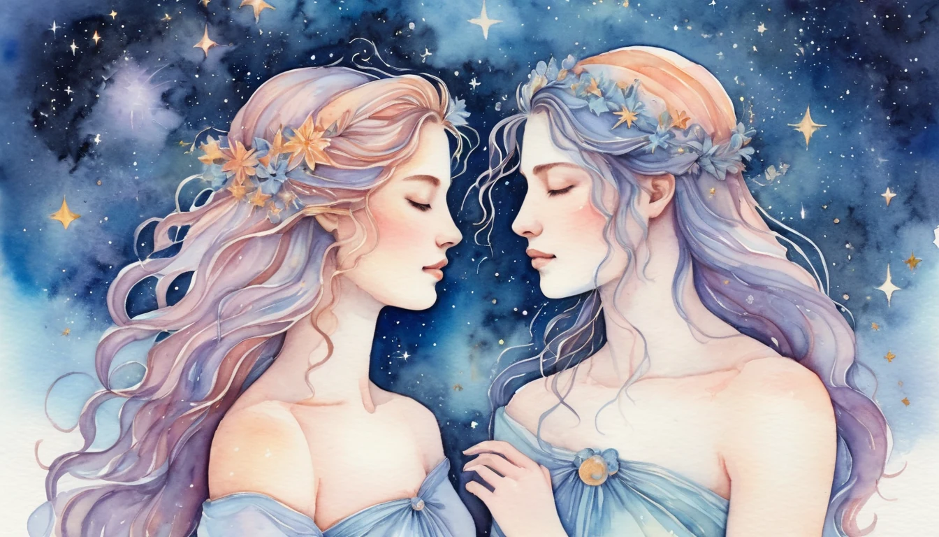 Gemini and Leo compatibility watercolor illustration