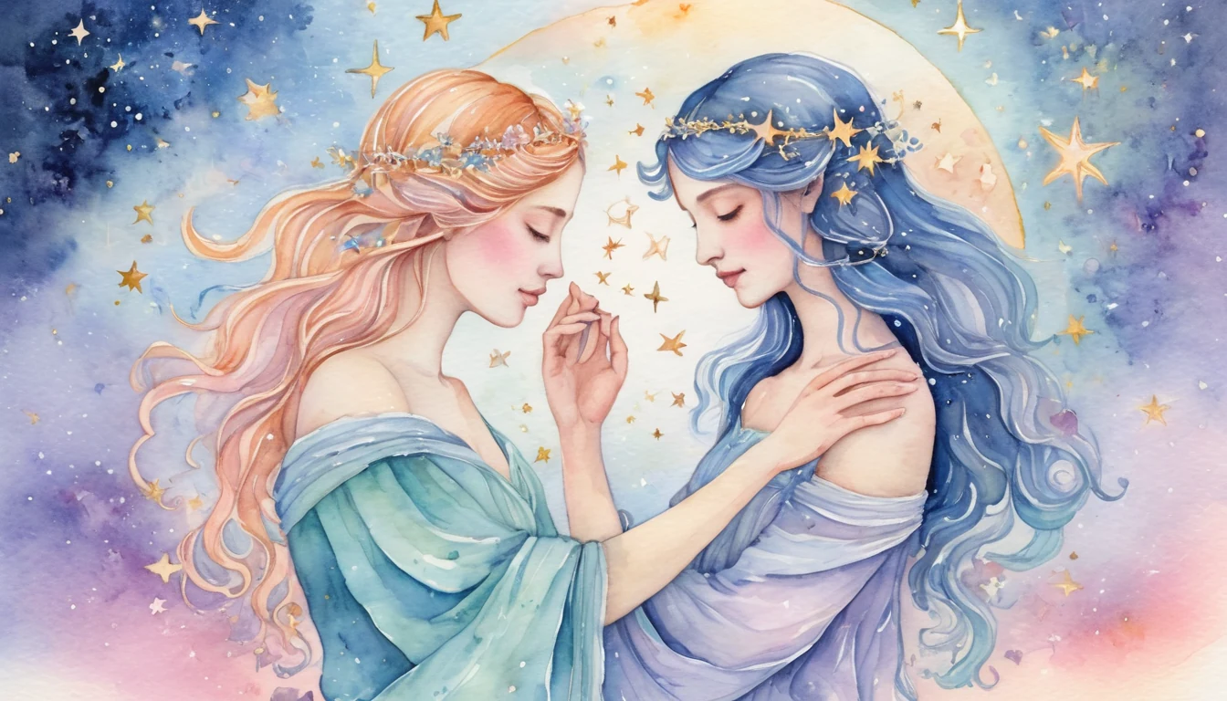 Virgo and Libra compatibility watercolor illustration