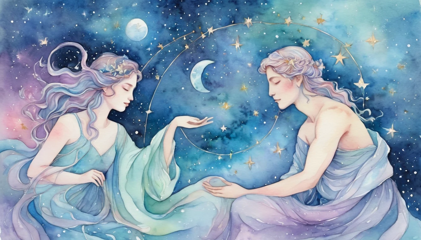 Taurus and Pisces compatibility watercolor illustration